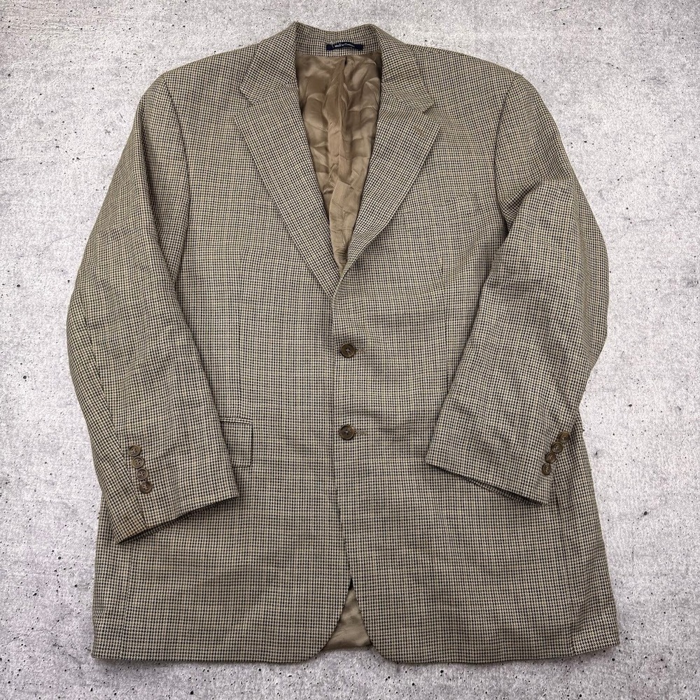 Chaps Ralph Lauren Tan Brown Padded Shoulder Houndstooth 44T Silk Wool Blazer - Picture 1 of 12